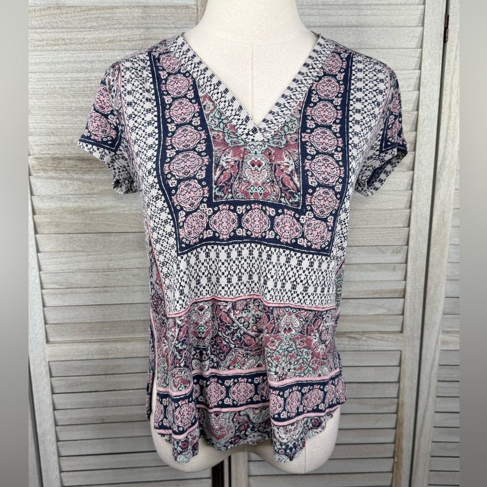 LUCKY BRAND Women's Boho Linen Blend V Neck Tee Pink/Blue-XS